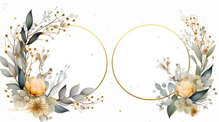 Luxury botanical gold wedding frame elements on white background. Set of polygon, circle, glitters, eucalyptus leaves, leaf branches. Elegant foliage design for wedding, card, invitation, greeting. AI