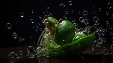 Green Pea hit by splashes of water with black blur background