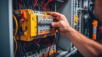Detail close up of Electrician installing electric cable wires and fuse switch box with multimeter in hands. Generative Ai - obrazy, fototapety, plakaty