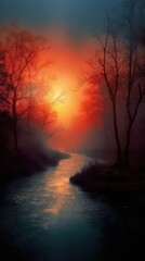 Obraz na płótnie Canvas landscape, sunset in foggy water, colorful fantasy style, dark orange and blue, canvas print, wall art design. AI generated