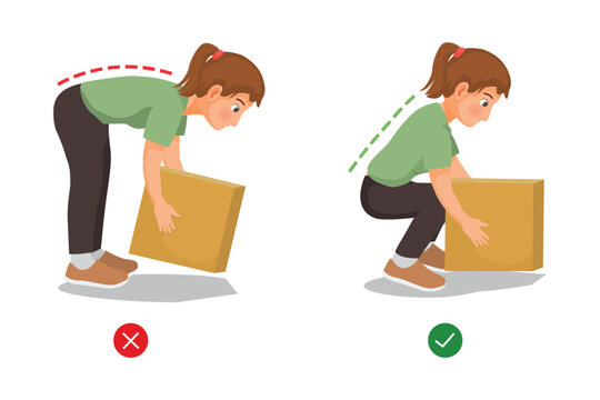 Correct and Incorrect body postures of young woman lifting heavy objects