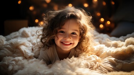 Child in bed with a cozy blanket. Evening, in the room lit the lamp. A little girl, smiling. Fabulous, cozy atmosphere.
