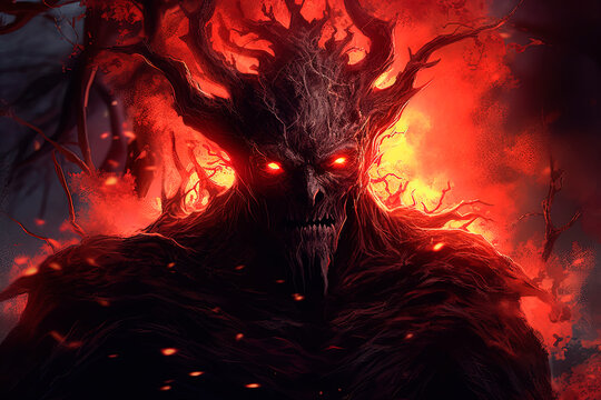 Forest demon with glowing eyes. Generative AI