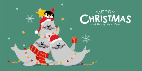 Cute baby seal in Christmas holidays. Sea animal in winter costume cartoon character collection. -Vector
