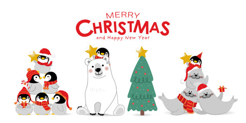 Merry Christmas greeting card with cute polar bear and baby penguins. Arctic animal in winter costume cartoon character. -Vector