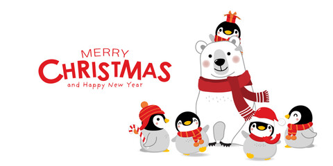 Merry Christmas greeting card with cute polar bear and baby penguins. Arctic animal in winter costume cartoon character. -Vector