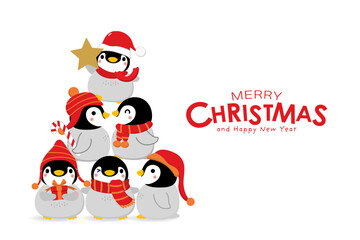 Cute baby penguin in winter costume vector. Merry Christmas and happy holidays greeting card. Wildlife animal cartoon character. -Vector