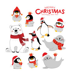 Merry Christmas and happy new year with cute polar bear, seal, penguins. Arctic animal in winter costume and red gift cartoon character. - Vector