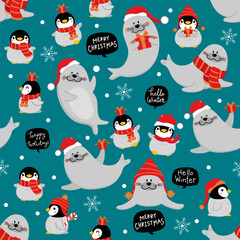 Cute polar bear, seal, penguin and baby in winter costume seamless pattern. Wildlife animal in Christmas holidays outfit background and wallpaper. -Vector