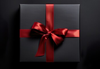 Overhead view of a black gift box tied with a red