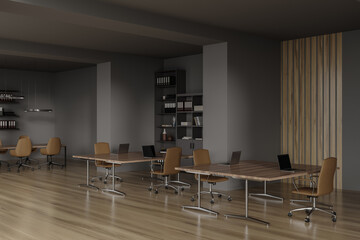 Gray and wooden open space office and meeting room corner