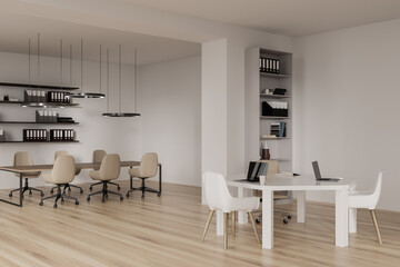 Modern office room interior with coworking and conference zone, shelf with decor