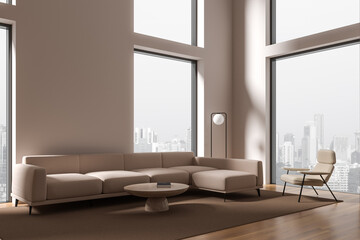 Minimalistic white living room corner with couch and windows