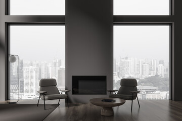 Gray living room interior with armchairs and fireplace