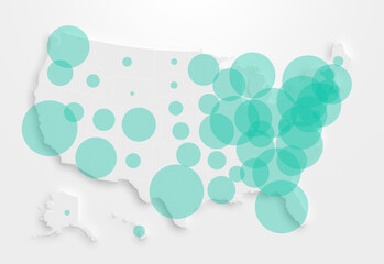 Map of the United States of America (USA, America) with turquoise transparent circles representing the population in each state. Graphic illustration of population in the US, conceptual map.