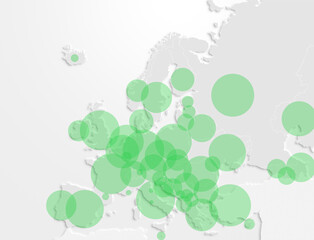 Map of the Europe continent with green transparent circles representing the population in each country. Graphic illustration of population in the European countries, conceptual map.