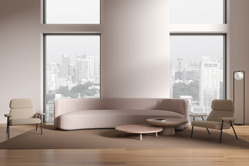 Minimalistic white living room interior with couch, armchairs and windows