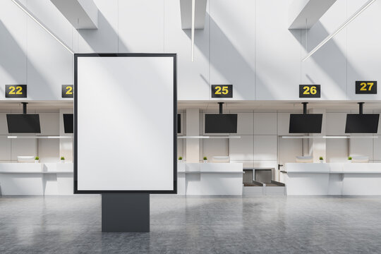 Modern airport interior with check-in zone and registration desk, mockup banner