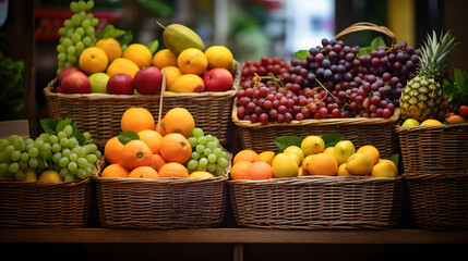 fruits in basket with fruits on shelf in market