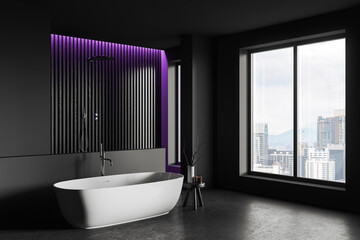 Modern bathroom interior with bathtub, douche and panoramic window