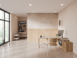 Beige and wooden doctor office interior