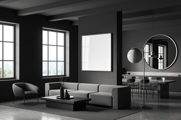 Gray living room and dining room corner with poster