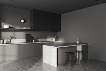 Grey home kitchen interior with cooking zone and shelves with kitchenware