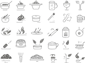 Cooking icon set. It included bake, heat, boil, frying, steam and more icons. Editable Stroke.