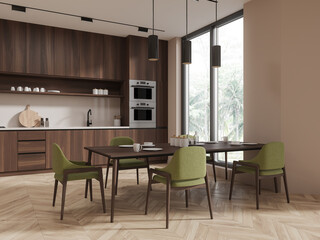 Beige home kitchen interior with dining table, cabinet and panoramic window