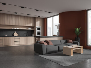 Modern studio flat interior with chill and cooking corner, panoramic window