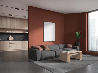 Red kitchen and living room corner with poster