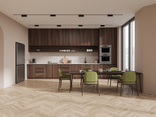 Stylish home kitchen interior with eating and cooking area, panoramic window