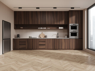 Beige kitchen interior with cabinets and fridge