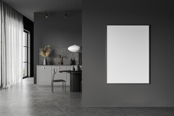 Grey modern home kitchen interior with eating and cooking area, mockup frame