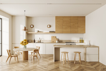 Modern home kitchen interior with cooking and eating area with stylish furniture