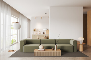 Naklejka na ściany i meble Modern home flat interior with chill and cooking area, window. Mockup wall