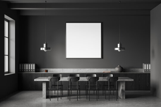 Grey conference room interior with table and panoramic window. Mockup frame