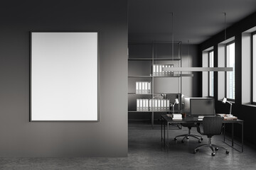 Grey business interior with pc computers and panoramic window. Mockup frame