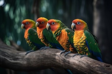 Close-up of flock of five colorful parrots sitting on the branch. Generative AI