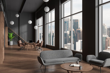 Gray conference room interior with lounge area