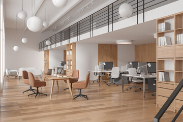 Stylish office room interior with coworking, meeting and chill space with shelf