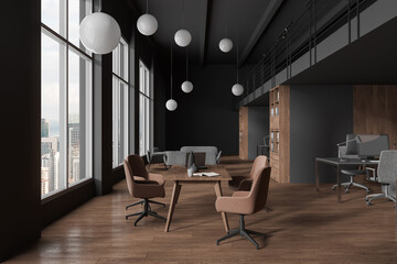Dark office room interior with meeting, coworking and relax space with window