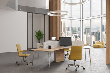 Stylish coworking room interior with pc computer, relax corner and window