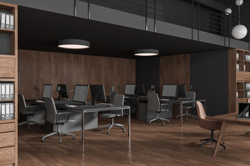 Stylish office room interior with pc computer on desk, shelf with documents