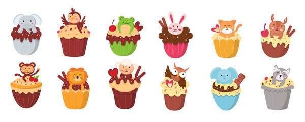 Vector cartoon style set of sweet cupcakes