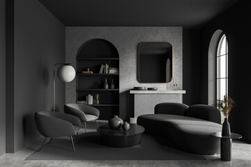 Gray living room interior with arch and sofa