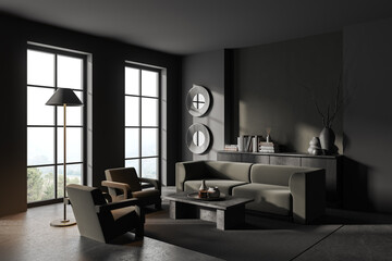 Grey relax room interior with armchairs and couch with decor, panoramic window