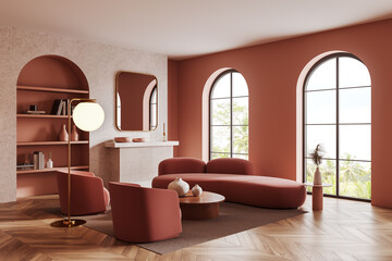 Pink living room corner with arch and sofa - obrazy, fototapety, plakaty