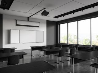 Dark class room interior with chairs in row and blackboard with screen, window