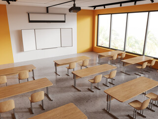 Top view of class room interior with seats and blackboard with screen, window